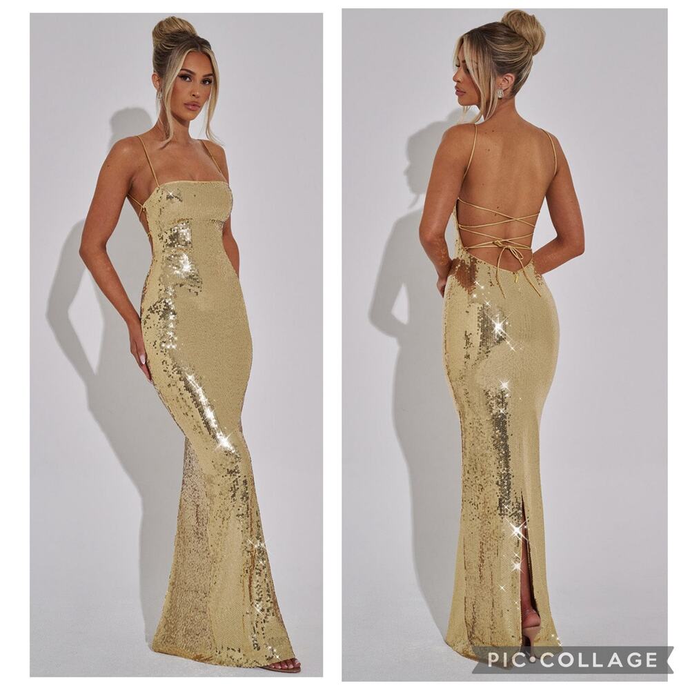 Gold Sequin Maxi Dress with Lace-Up Back